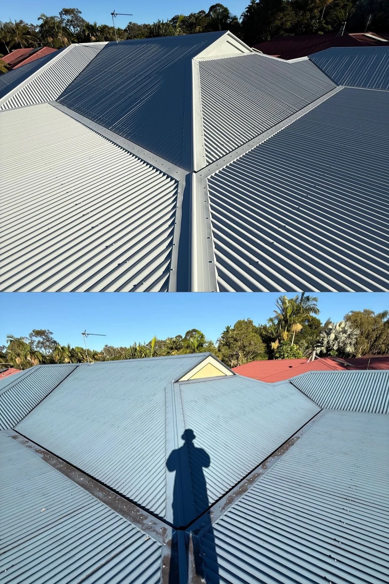 Comparison of a roof before and after cleaning: the top image shows a roof with clean, shiny, silver metallic roofing panels, while the bottom image displays the same roof after cleaning, appearing dull and covered with dirt and grime, with a shadow of a person taking the photo visible.