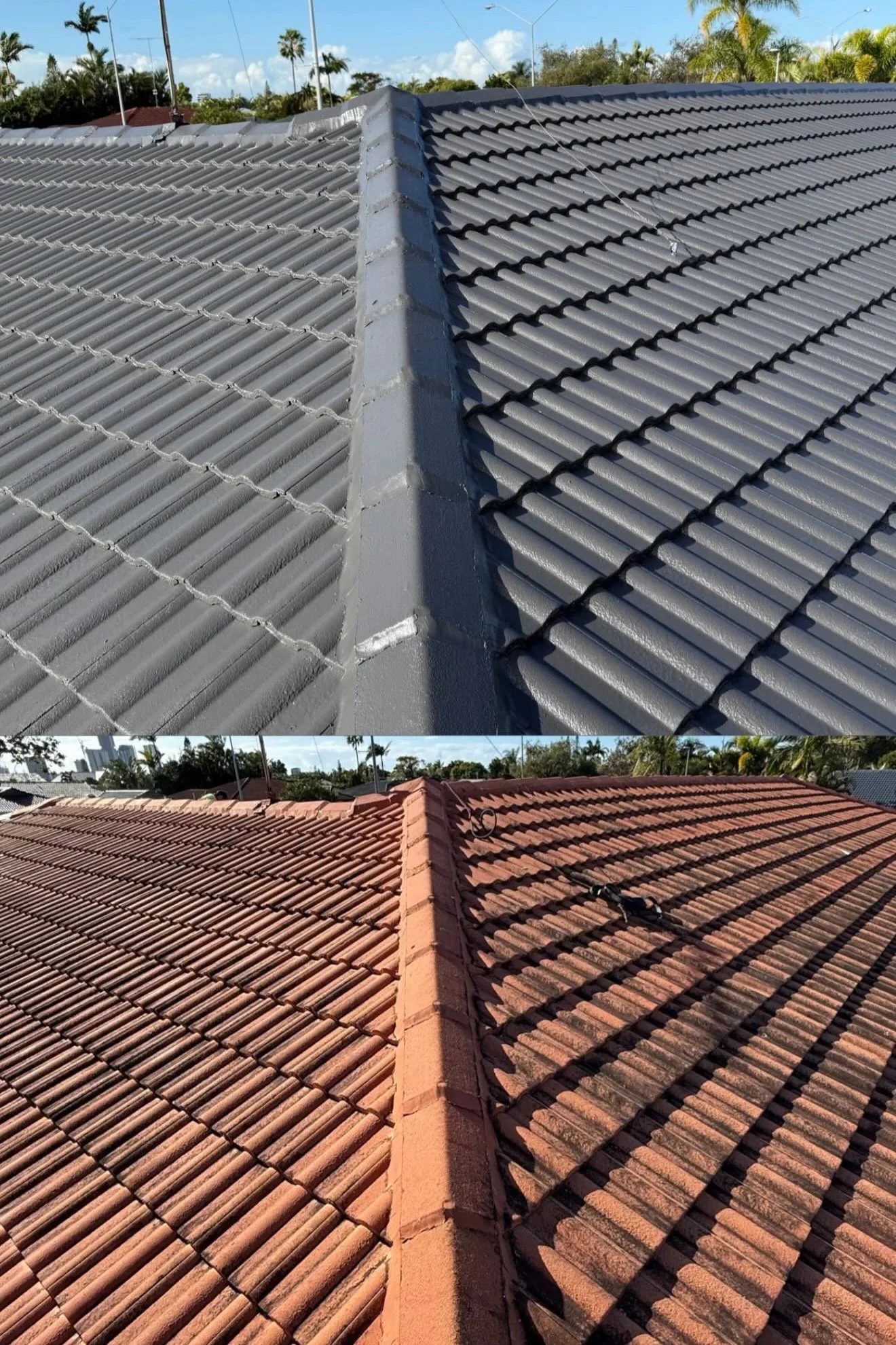 Close-up view of two different tiled roofs, one gray and one terracotta, with a shared roof ridge.