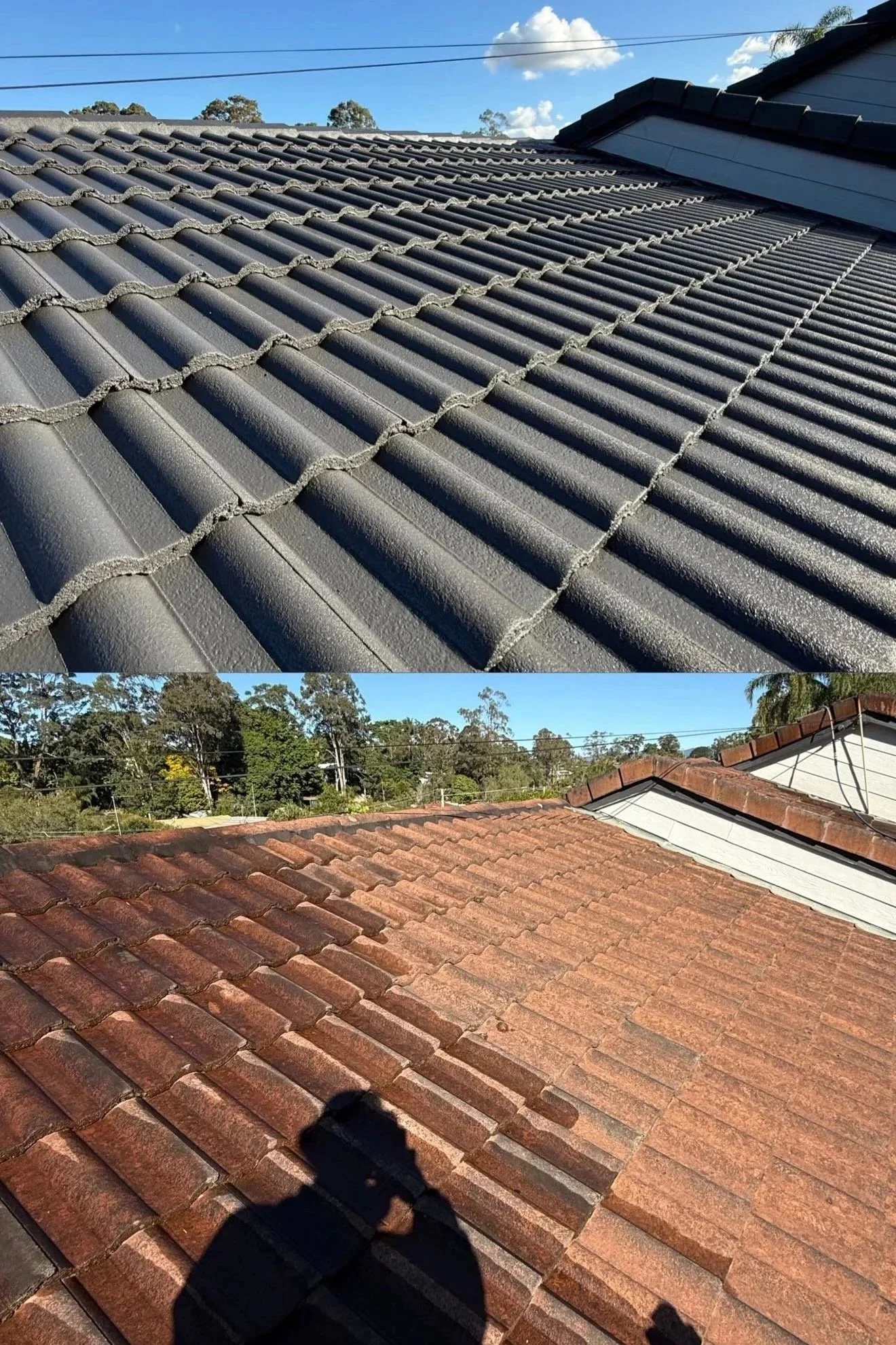 Comparison of two roofs: the top roof has new black ceramic tiles, and the bottom roof has older, weathered red clay tiles.