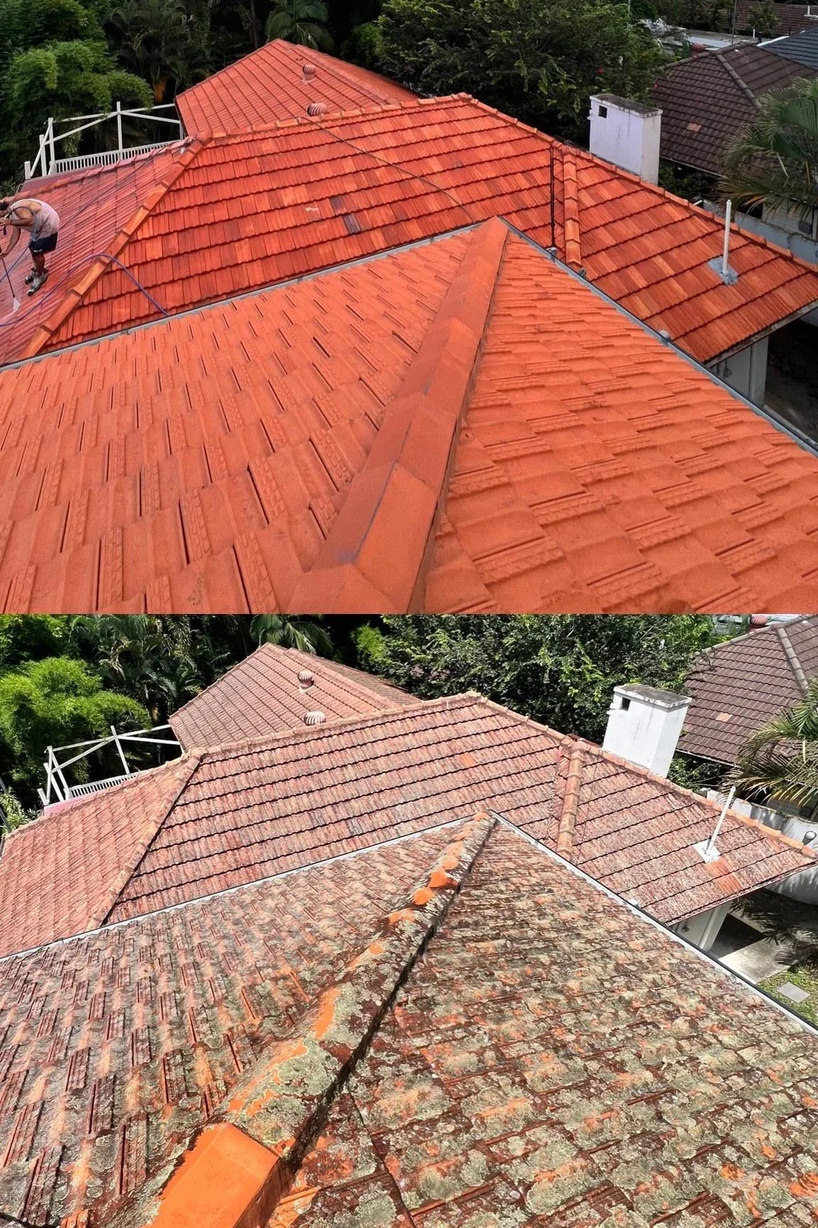 Side-by-side comparison of a house roof before and after cleaning and repair. The top image shows a clean, freshly painted red tile roof, while the bottom image shows the same roof with moss, dirt, and weathering, indicating it is in need of cleaning.