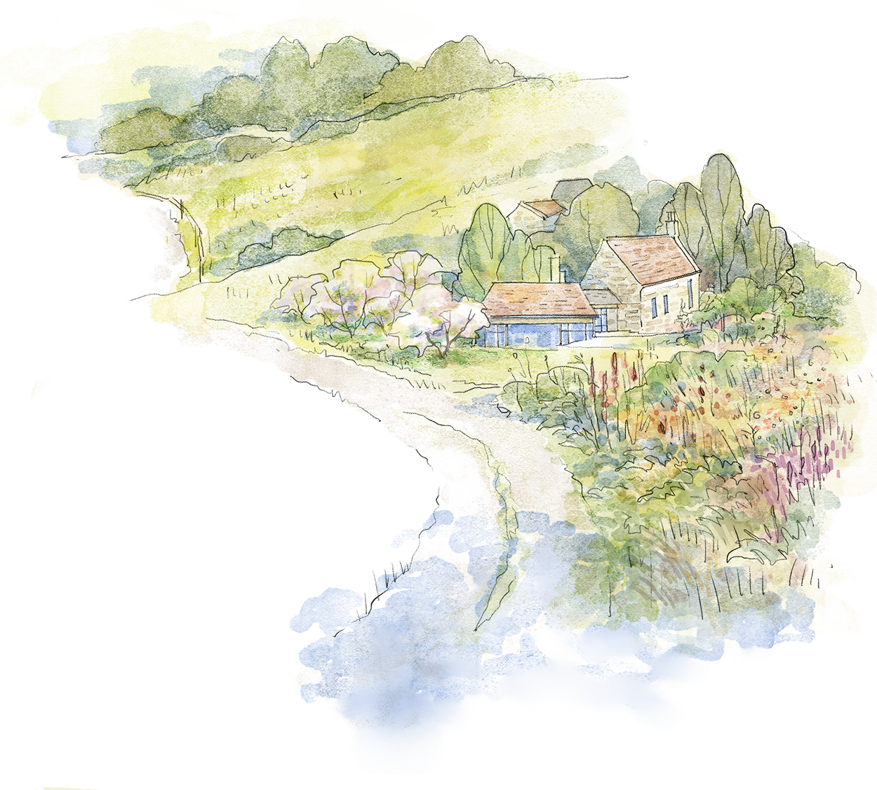 Studio Lilaya atmospheric illustration of a rural landscape with a dirt road, colorful planting design, trees, architectural building, in an landscape of hills and ecological background.