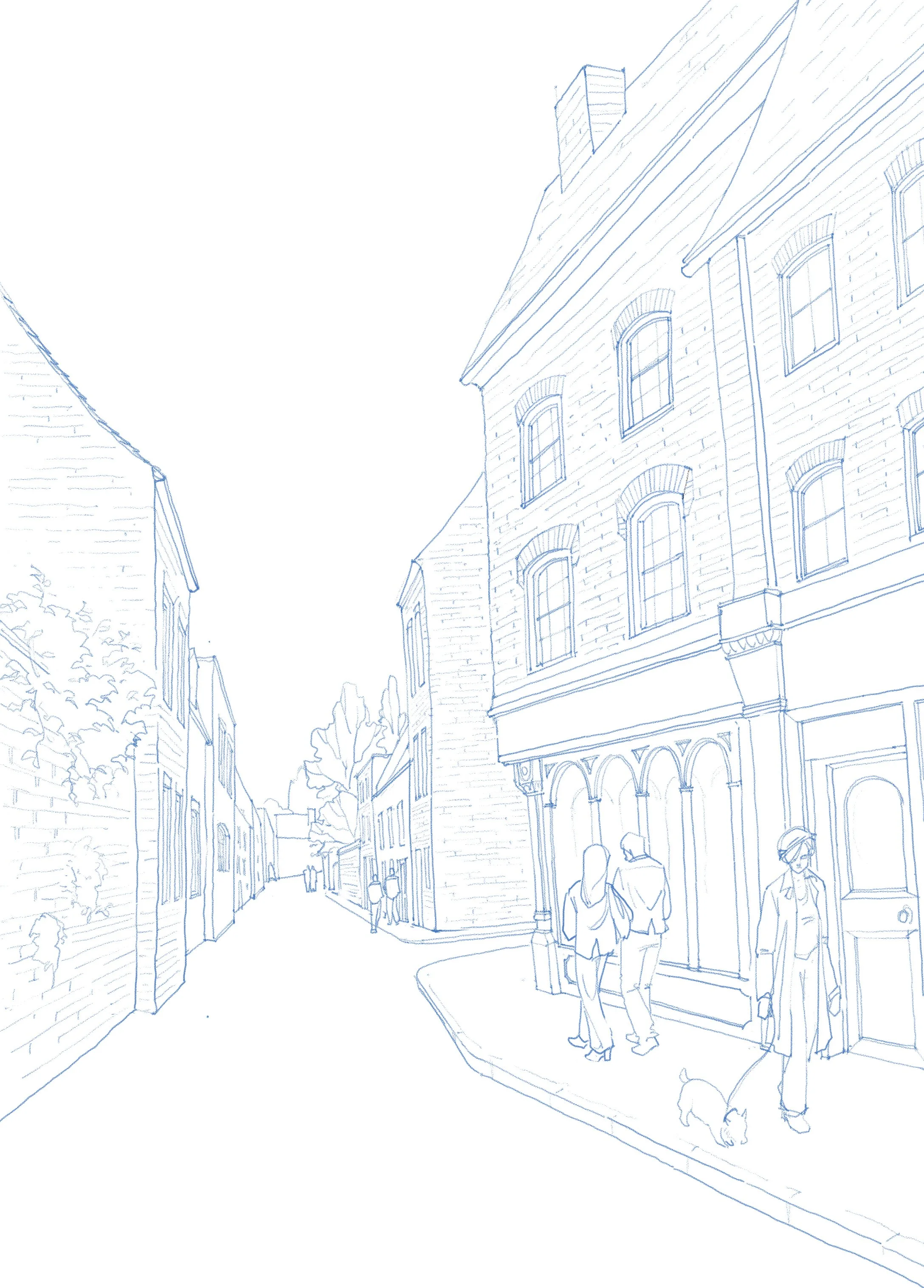 Line drawing of a city street with multi-story brick buildings, pedestrians, and a person walking a dog.