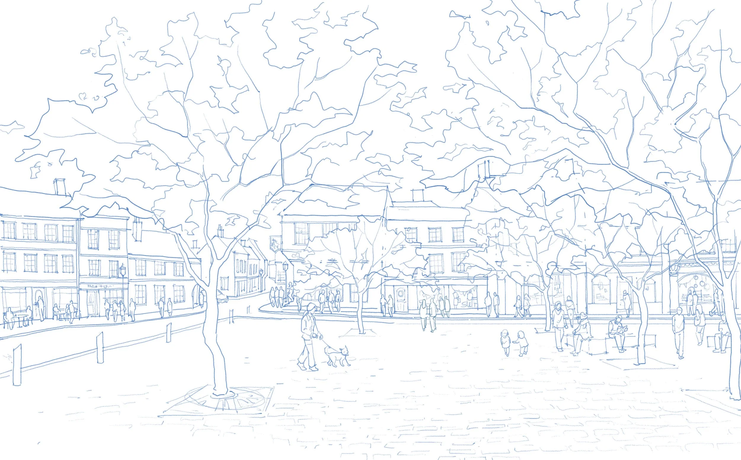 A line drawing of a park in a small town showing trees, buildings, people walking, sitting, and socializing, with some children playing and a person walking a dog.