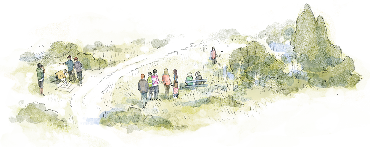 Studio Lilaya atmospheric illustration of a park scene with several groups of people, including children, among ecological setting