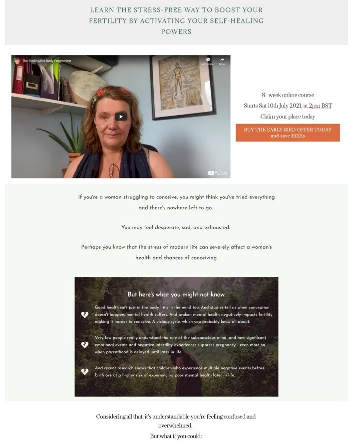 Screenshot of a website promoting a self-healing course for increasing fertility, featuring a video thumbnail of a woman with brown hair, a bookshelf, and framed medical illustrations on the wall.