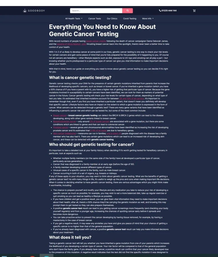Screenshot of a website page about genetic cancer testing, with headings and paragraphs explaining what cancer genetic testing is, who should get tested, and what the results mean.