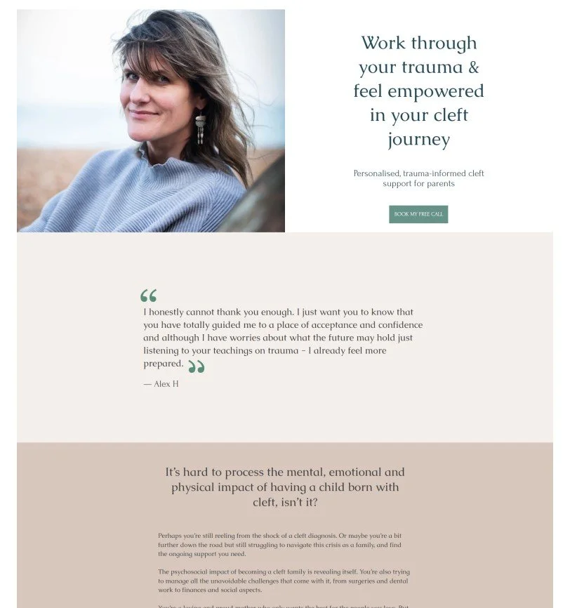 A woman smiling outdoors next to a body of water, with text on the right promoting trauma-informed cleft support and encouragement for parents.