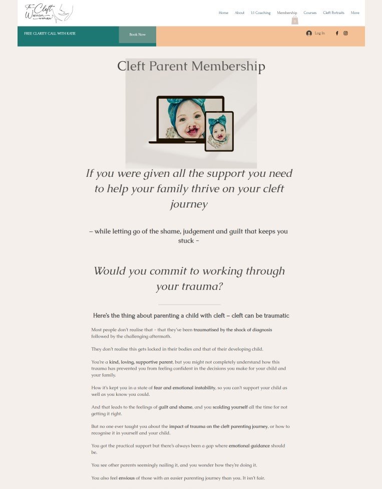 Website homepage for Cleft Parent Membership featuring a header, navigation menu, and a main section with a picture of a smiling baby with a bow, and text about support for parents of children with cleft palate.