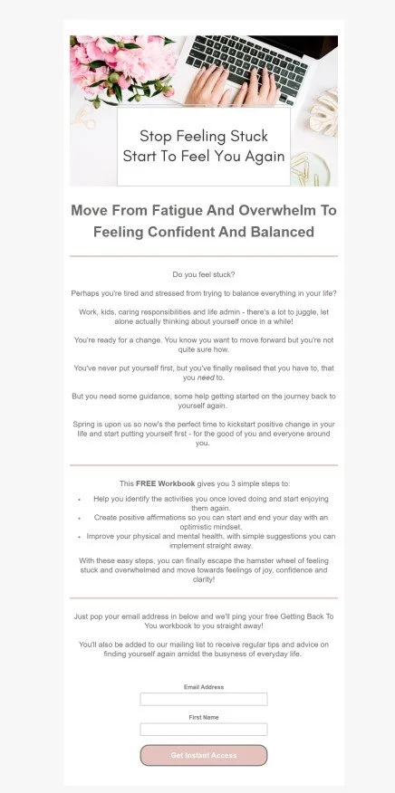 A digital motivational message with a bouquet of pink flowers, a laptop, and a notebook. The content encourages moving from fatigue to feeling confident and balanced, offering a free workbook and email sign-up for guidance.