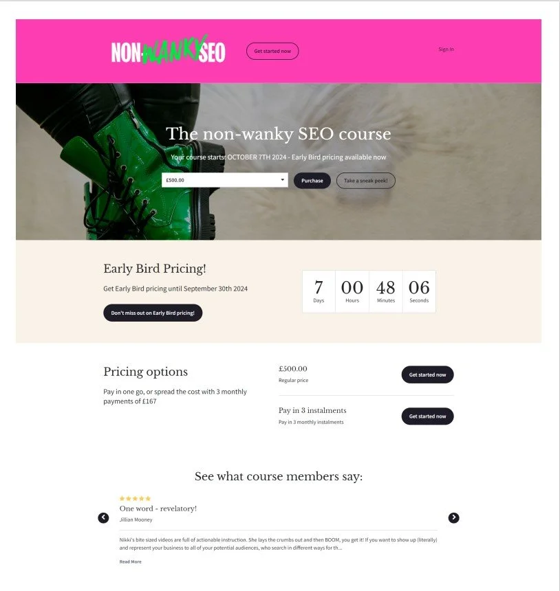 Webpage advertising a non-wanky SEO course starting October 7th, 2024, with early bird pricing until September 30th, 2024. Features a green boot, a countdown timer, pricing options including a one-time payment of 500 pounds or three installments, and a section with a course review.