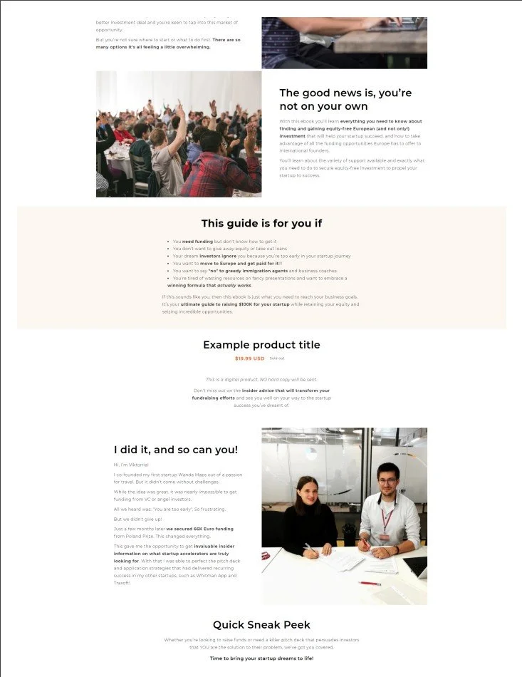 A digital guide or brochure about startup funding and investment, featuring photos of a conference with people raising hands, a business meeting with two individuals, and text sections with tips, example product, and a sneaky peek about startup success.