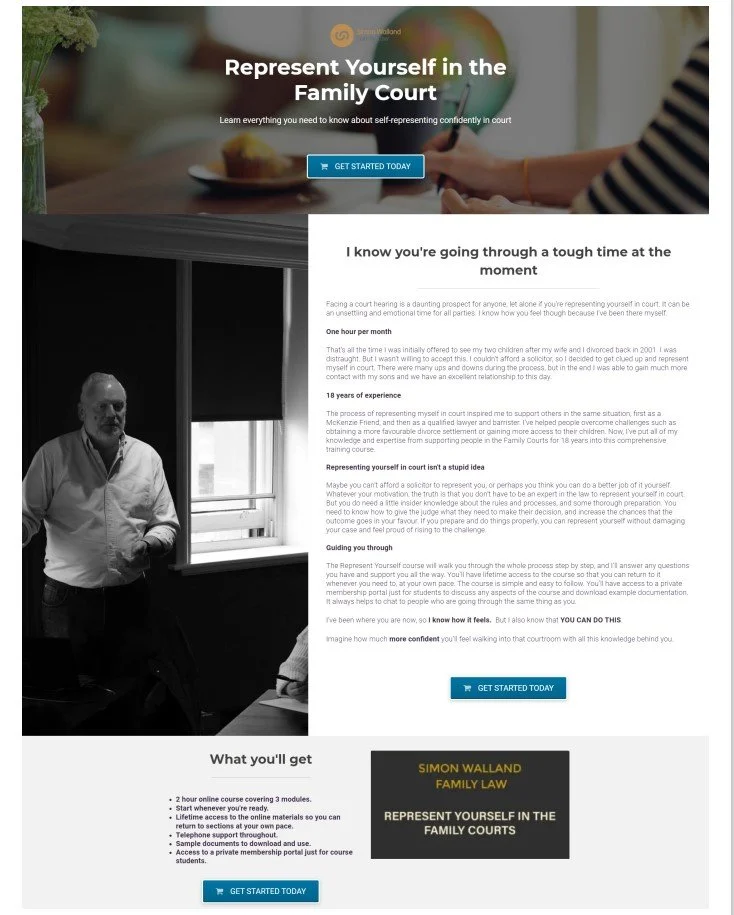 A webpage advertising a course on how to represent yourself confidently in family court, featuring a person with grey hair, a white shirt, and a black vest standing near a window, with text about the course and a blue 'Get Started Today' button.