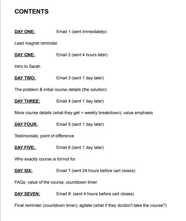 A detailed schedule outlining daily email communications for a course over seven days, including topics, timing, and content focus for each day.