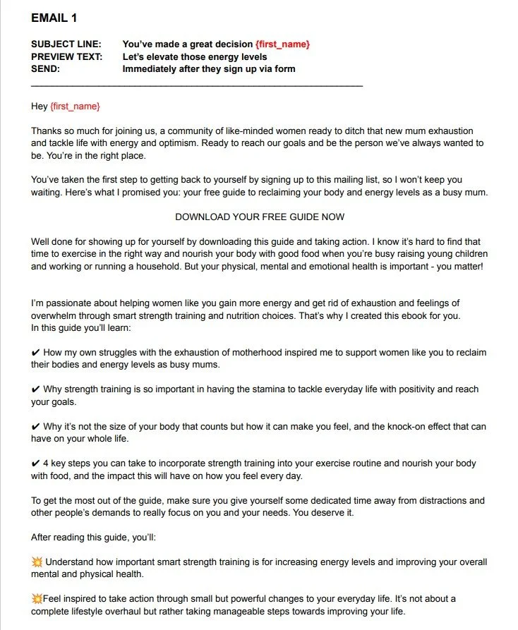 An email newsletter encouraging women to improve energy levels through strength training, with a focus on postpartum health and lifestyle changes.