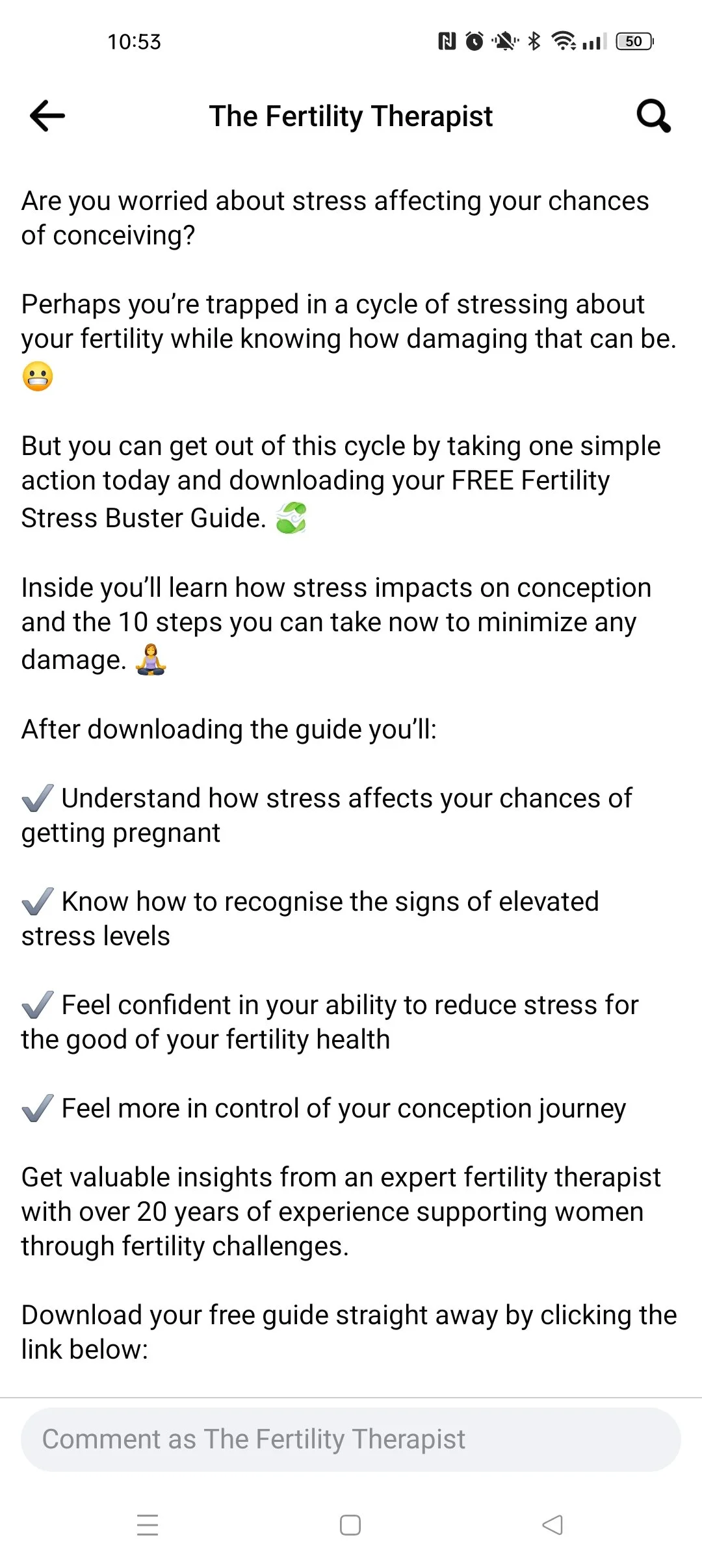 Screenshot of a mobile screen displaying an advertisement from The Fertility Therapist about stress and conception. The text encourages downloading a free fertility stress guide and highlights benefits such as understanding stress effects on pregnancy and feeling more in control of conception.