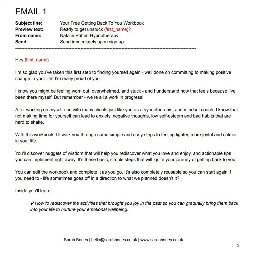 Screenshot of an email titled 'Your Free Getting Back To You Workbook' from Natalie Patten Hypnotherapy, offering help to recover past joyful activities and improve emotional wellbeing.