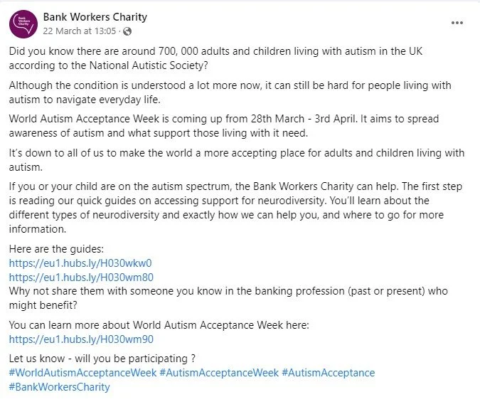 Screenshot of a social media post by Bank Workers Charity about World Autism Acceptance Week, including information and links on autism awareness and support.