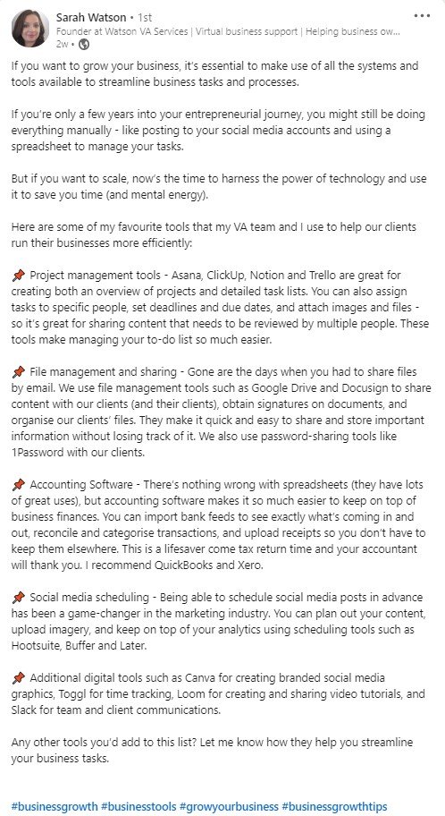 A text-based post by Sarah Watson about recommended tools to streamline business tasks, including project management, file sharing, accounting software, social media scheduling, and digital content creation.