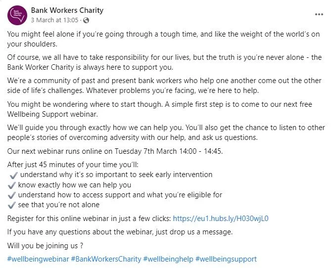 Facebook post from Bank Workers Charity promoting a free Wellbeing Support webinar scheduled for March 7th, 14:00-14:45, encouraging participation and providing a registration link.