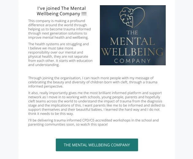 A flyer announcing joining The Mental Wellbeing Company, emphasizing its mission to improve mental health and trauma awareness, with a logo of a heart and brain, and a call-to-action button for the company.