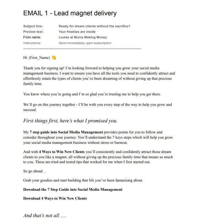 Screenshot of an email titled 'Lead magnet delivery' offering a guide on social media management and ways to attract new clients, including download links for the guide and additional tips.