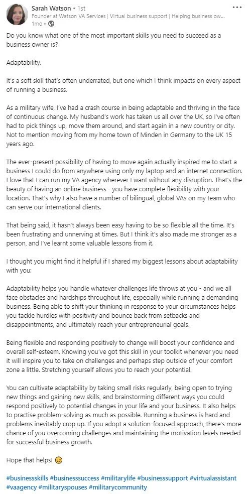 Screenshot of a LinkedIn post by Sarah Watson discussing the importance of adaptability as a key skill for business success, sharing personal anecdotes about her experience as a military wife, and emphasizing the benefits of being flexible and open to change.