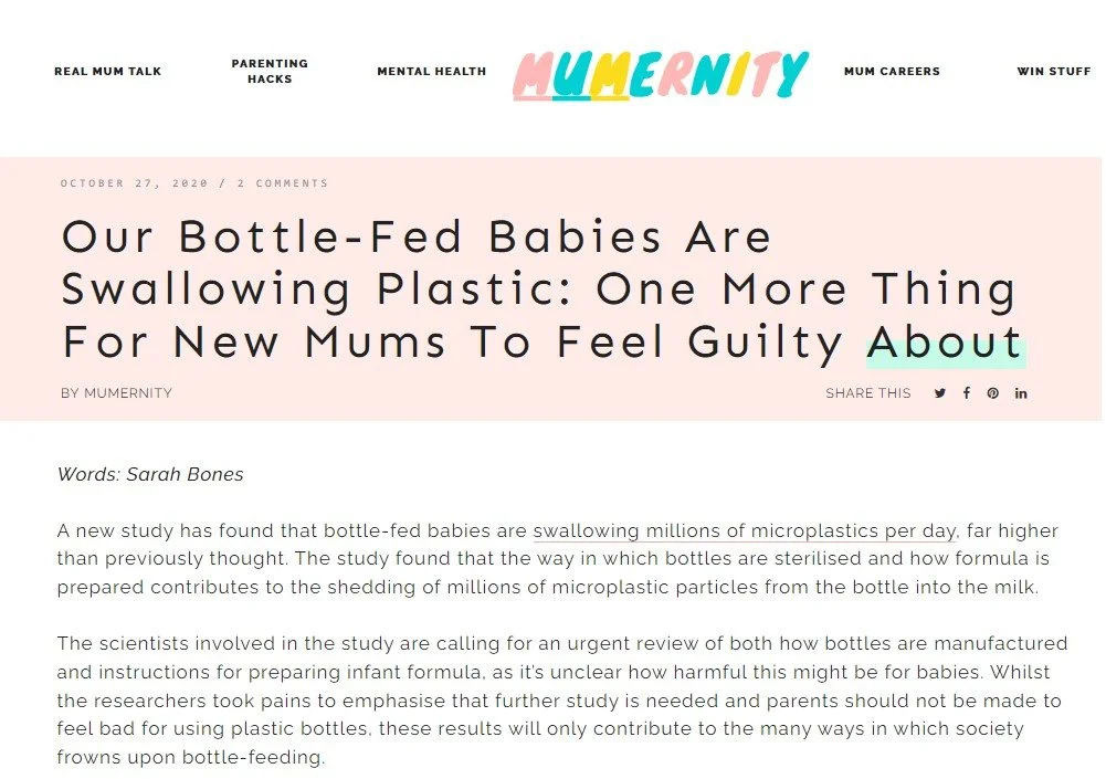 Title of an article titled "Our Bottle-Fed Babies Are Swallowing Plastic: One More Thing For New Mums To Feel Guilty" on Mumunity website dated October 27, 2020, with a pink background and social media share icons.