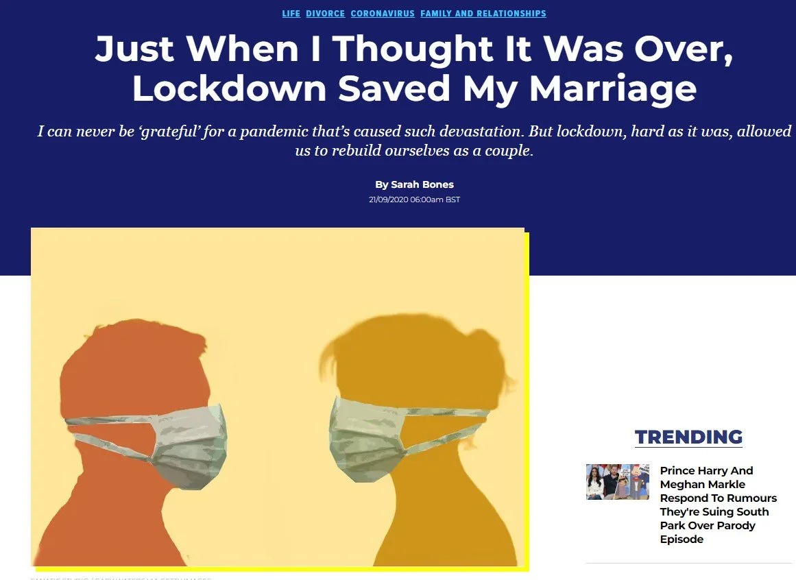 Graphic with two silhouettes of people wearing face masks, facing each other, on a yellow background. The headline reads, "Just When I Thought It Was Over, Lockdown Saved My Marriage."