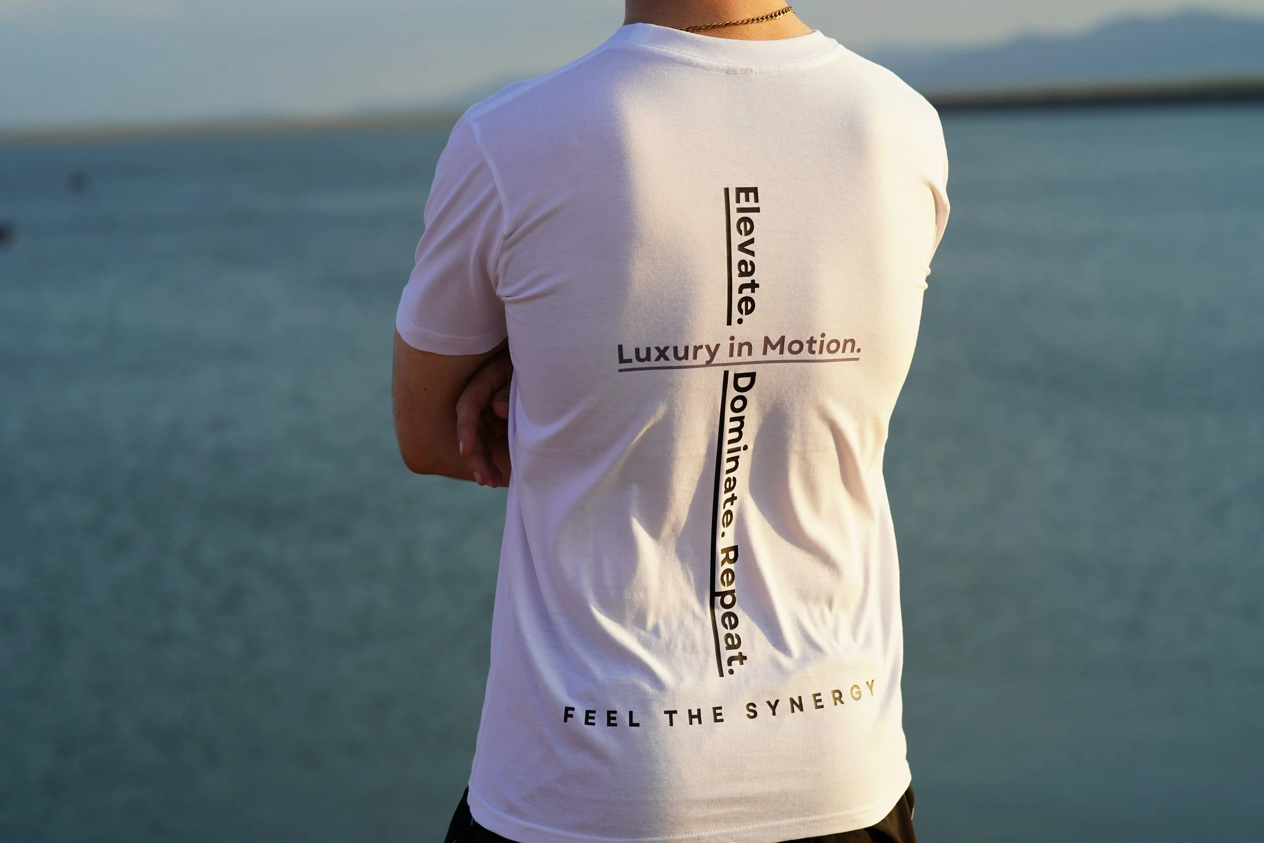 Person wearing a white T-shirt with motivational words written vertically and horizontally, standing near water with mountains in the background.