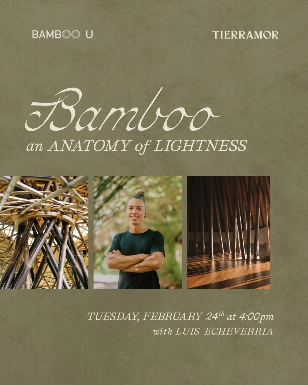 Presenting Bamboo: An Anatomy of Lightness with Luis Echeverria 🌿

Join us for an afternoon exploration into bamboo structural systems, design processes, and Bamboo U projects that show how lightness can become strength, and flexibility can become s