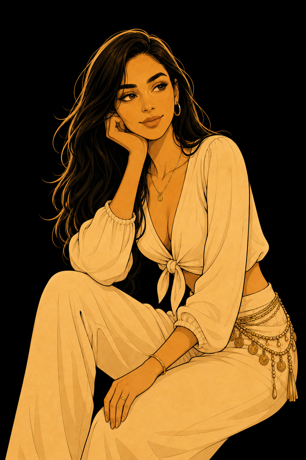 Stylized illustration of a woman, Samira Houdiri, in a sleeveless gown with wide-leg pants, high heels, holding a clutch, and wearing earrings, set against a black background.