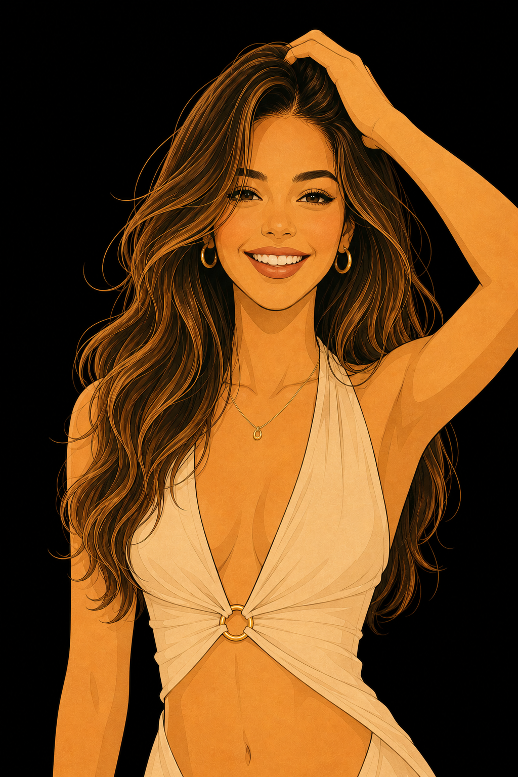 Illustration of a woman, Mirela Lousada in a long, sleeveless gown with a high slit, walking confidently with a hand on her hip, against a black background.