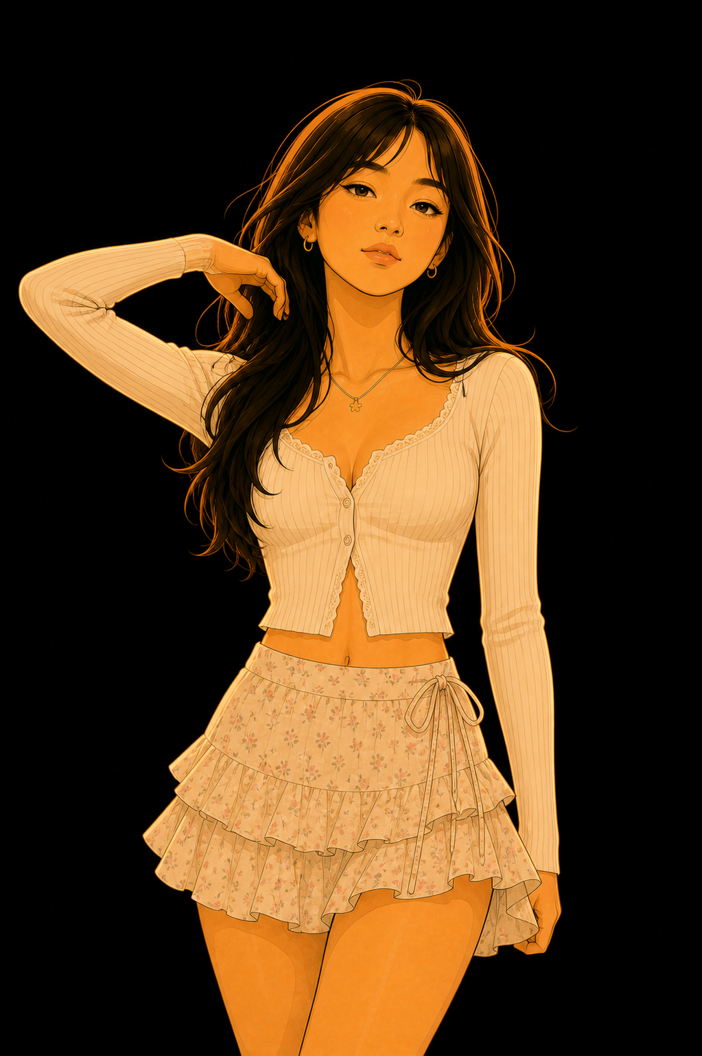 An illustrated woman, Ariana Abellana, with long hair wearing a white dress and sandals, holding a small bag.