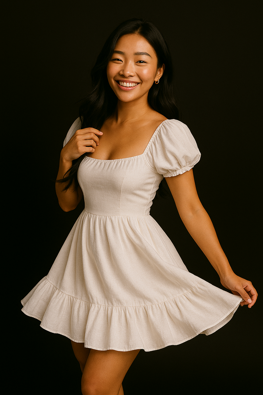 A young woman, Ariana Abellana, with long dark hair smiling, wearing a cream-colored dress with puffed sleeves standing against a dark background.
