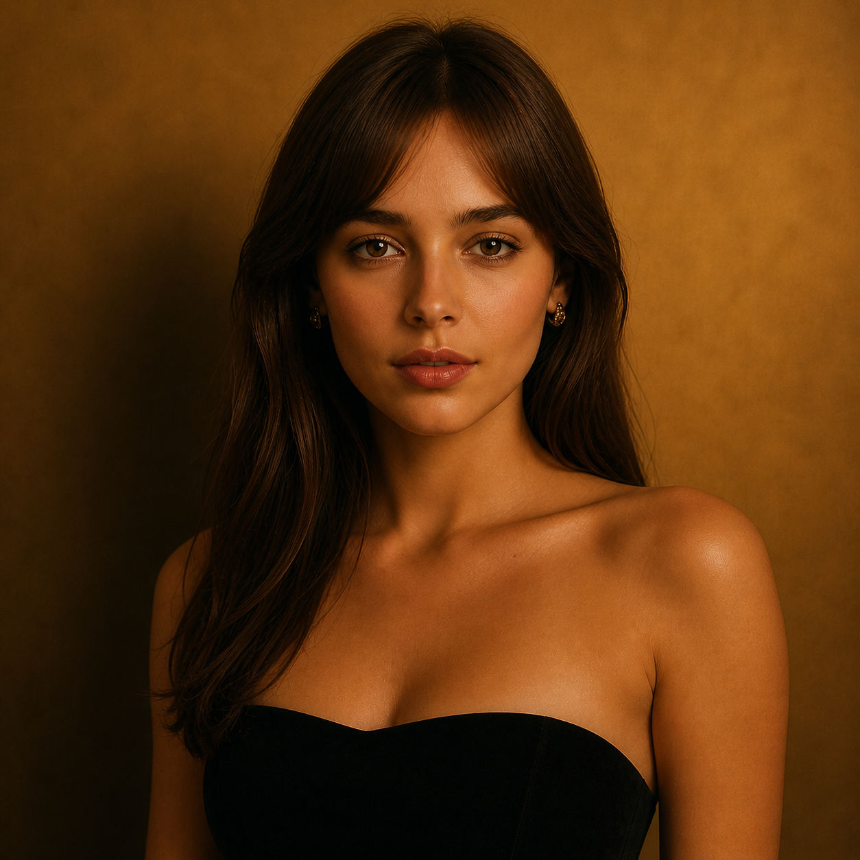 Lara Strathmore, a woman with long brown hair and light skin, wearing a black strapless top, standing against a plain yellow-gold background.