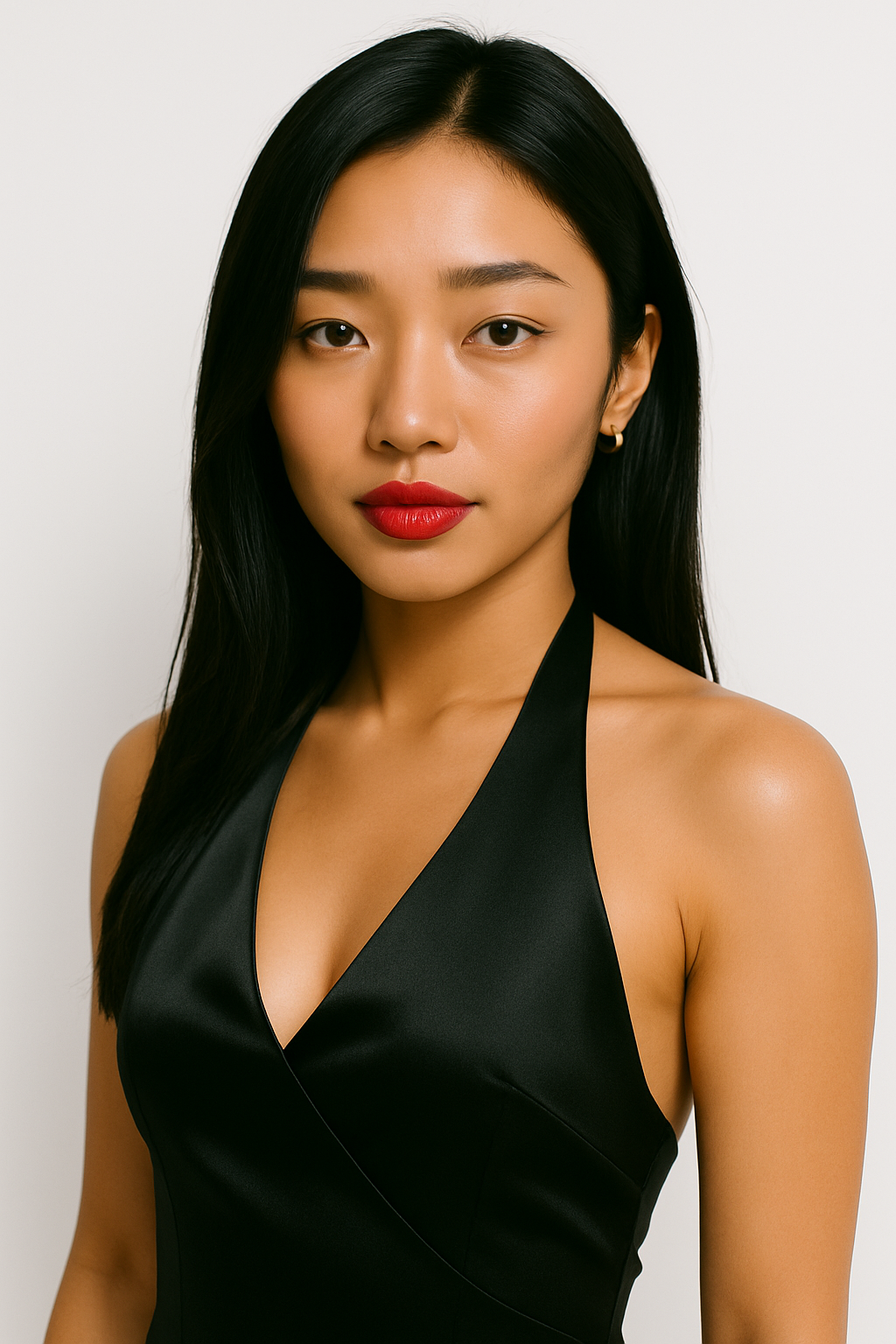 A portrait of a young Asian woman, Ariana Abellana, with long black hair, red lipstick, wearing a black halter dress with a V neckline, and small hoop earrings, against a plain white background.