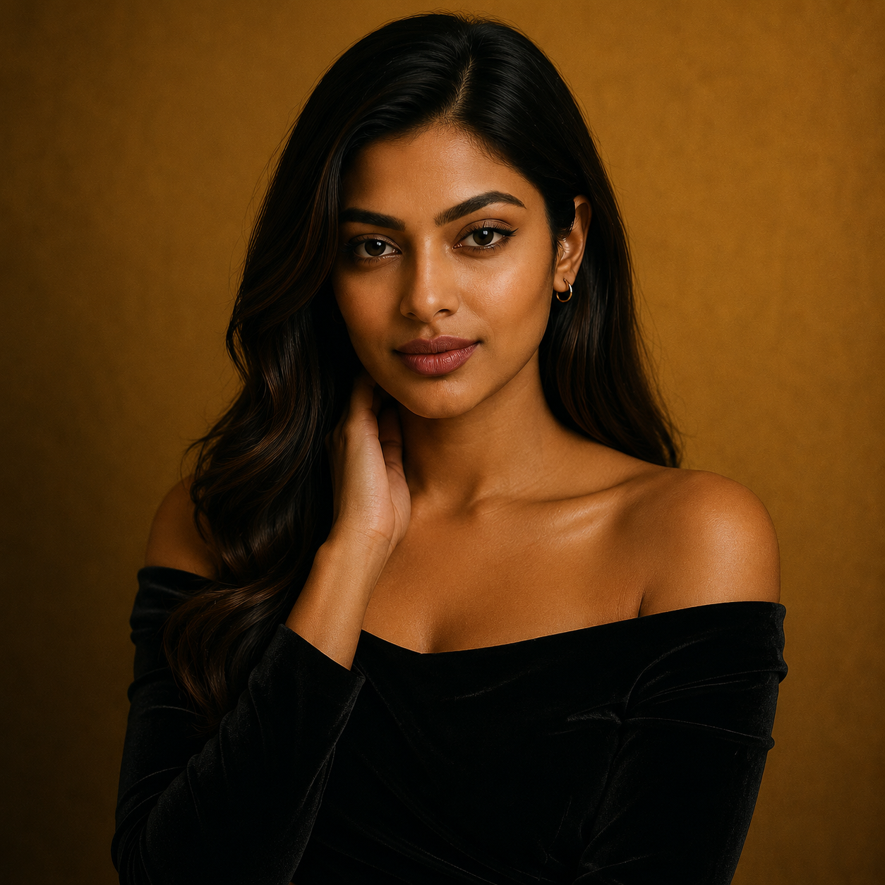 Amara Pardeshi, with long dark hair and dark eyebrows, wearing a one-shoulder black top, standing against a gold-colored background.