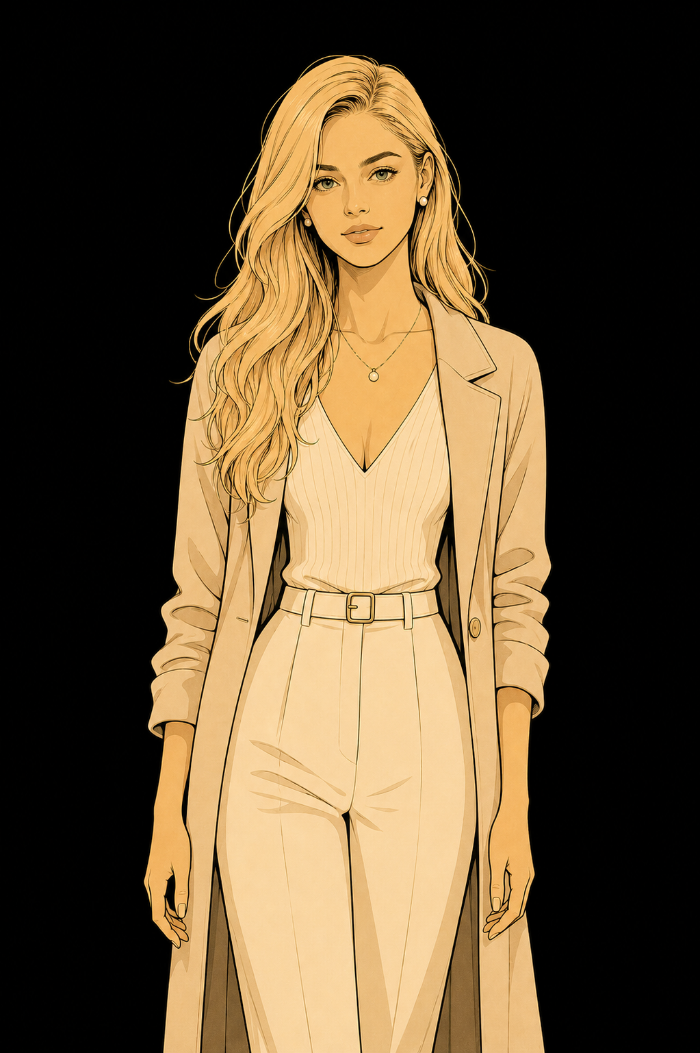 Stylized illustration of Emilia Cazanescu with blonde hair wearing a sleeveless top and wide-leg pants, holding sunglasses in her right hand, standing beside a street lamp against a black background.