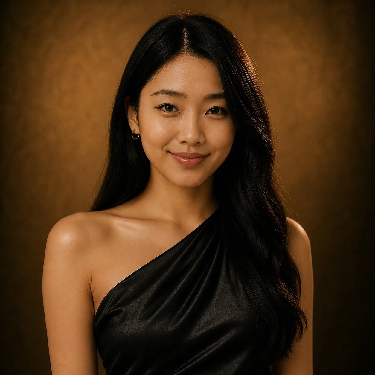 Ariana Abellana, with long black hair wearing a black satin slip dress with thin straps standing against a gold background.