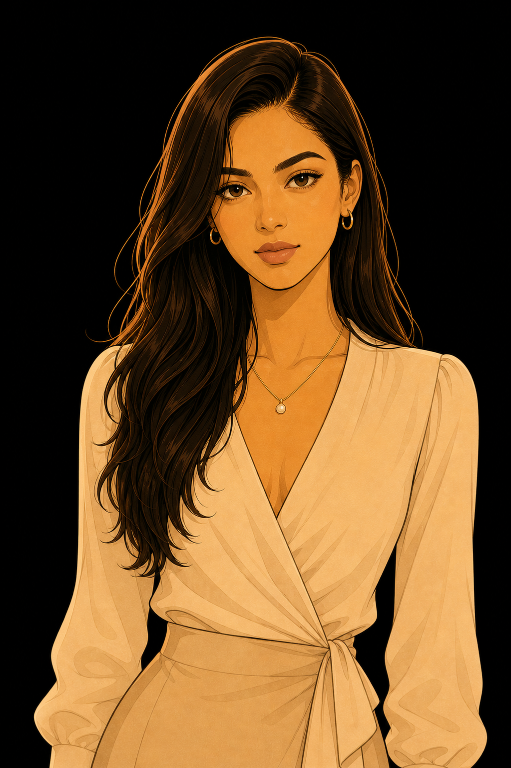 Illustration of a confident woman, Amara Pardeshi, in a cream-colored business suit holding a brown book, standing against a dark background.