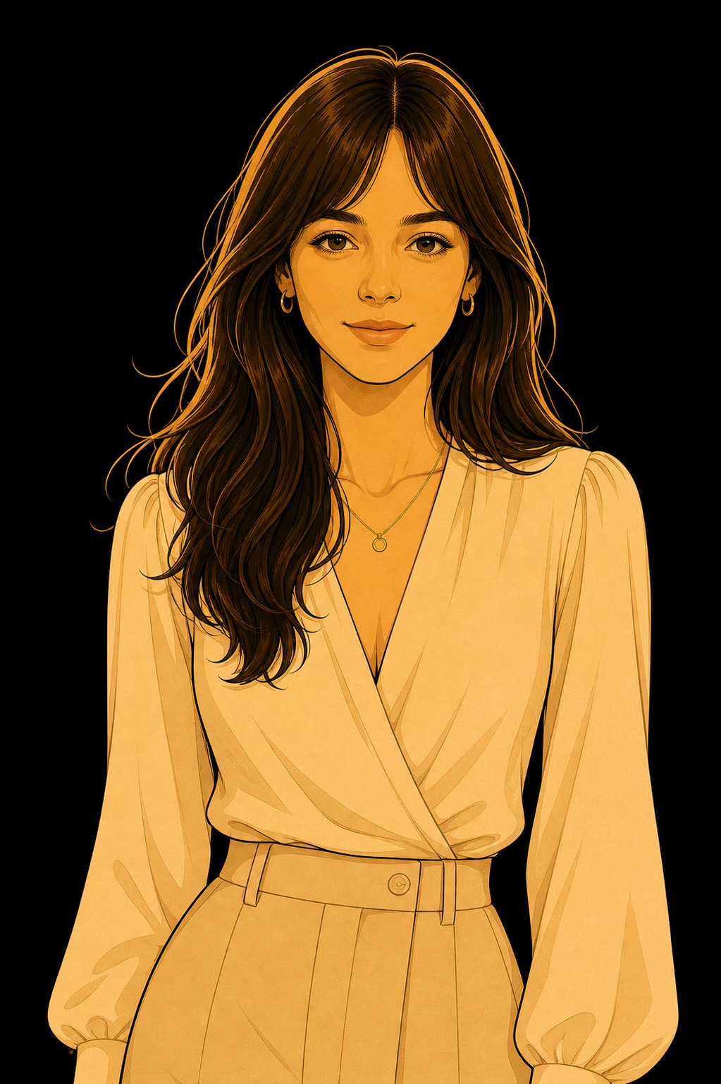 Stylized illustration of Lara Strathmore with long hair, wearing a trench coat, skirt, and carrying a purse, with a thoughtful pose against a dark background.