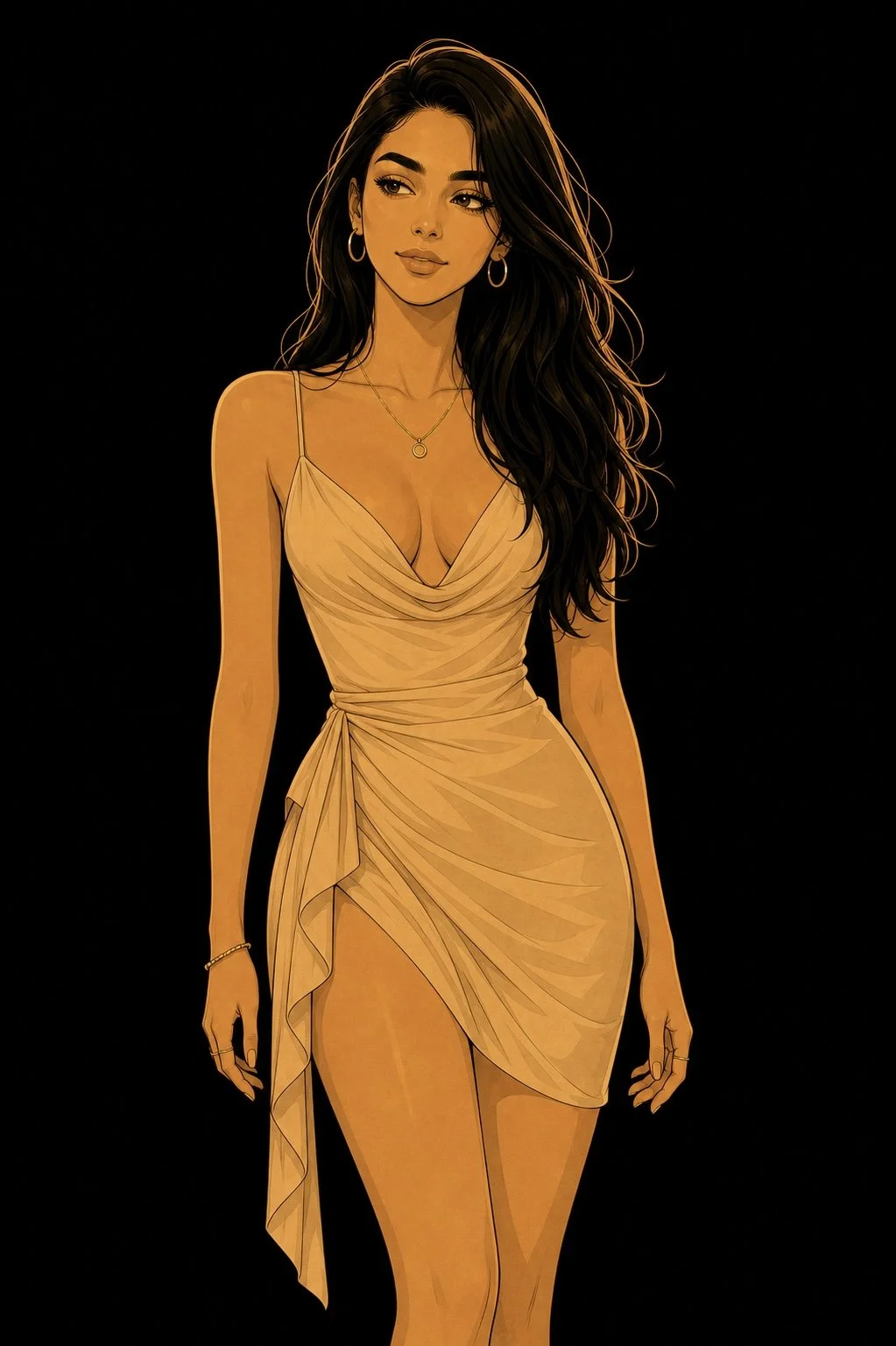 Stylized illustration of a woman in a white jumpsuit holding a martini glass, with her hand on her hip, against a black background.