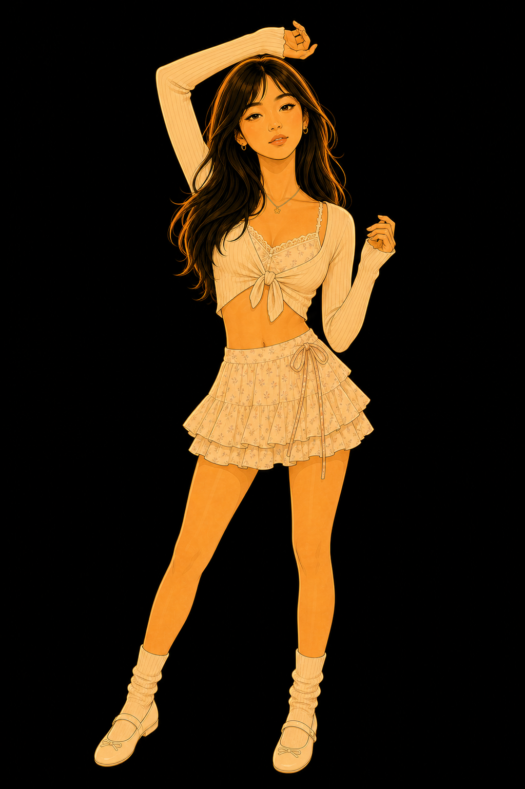 Illustration of a woman, Ariana Abellana, with long wavy hair, wearing a dress, kneeling on one knee, with a small shoulder bag, and a bow in her hair, set against a dark background.