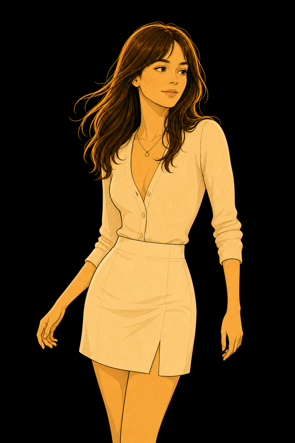 Illustration of Lara Strathmore in business attire with a blazer and skirt, holding a handbag and leaning on a counter against a dark background.