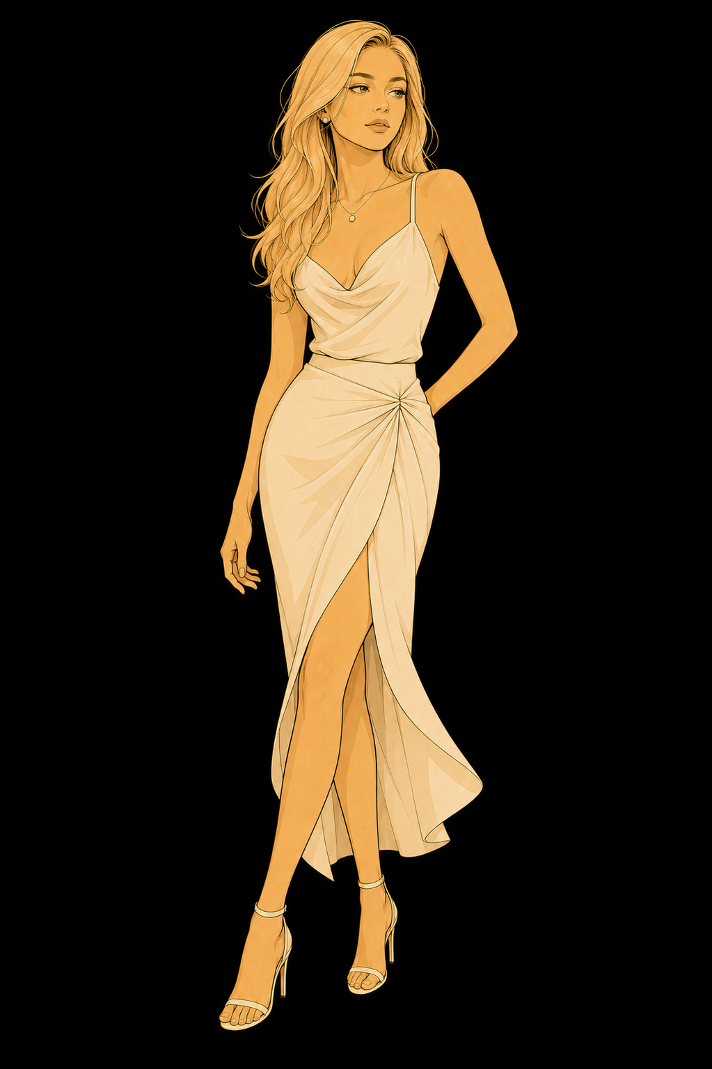Illustration of Emilia Cazanescu, with blonde hair wearing an off-the-shoulder dress, a necklace, and a belt, set against a dark background.