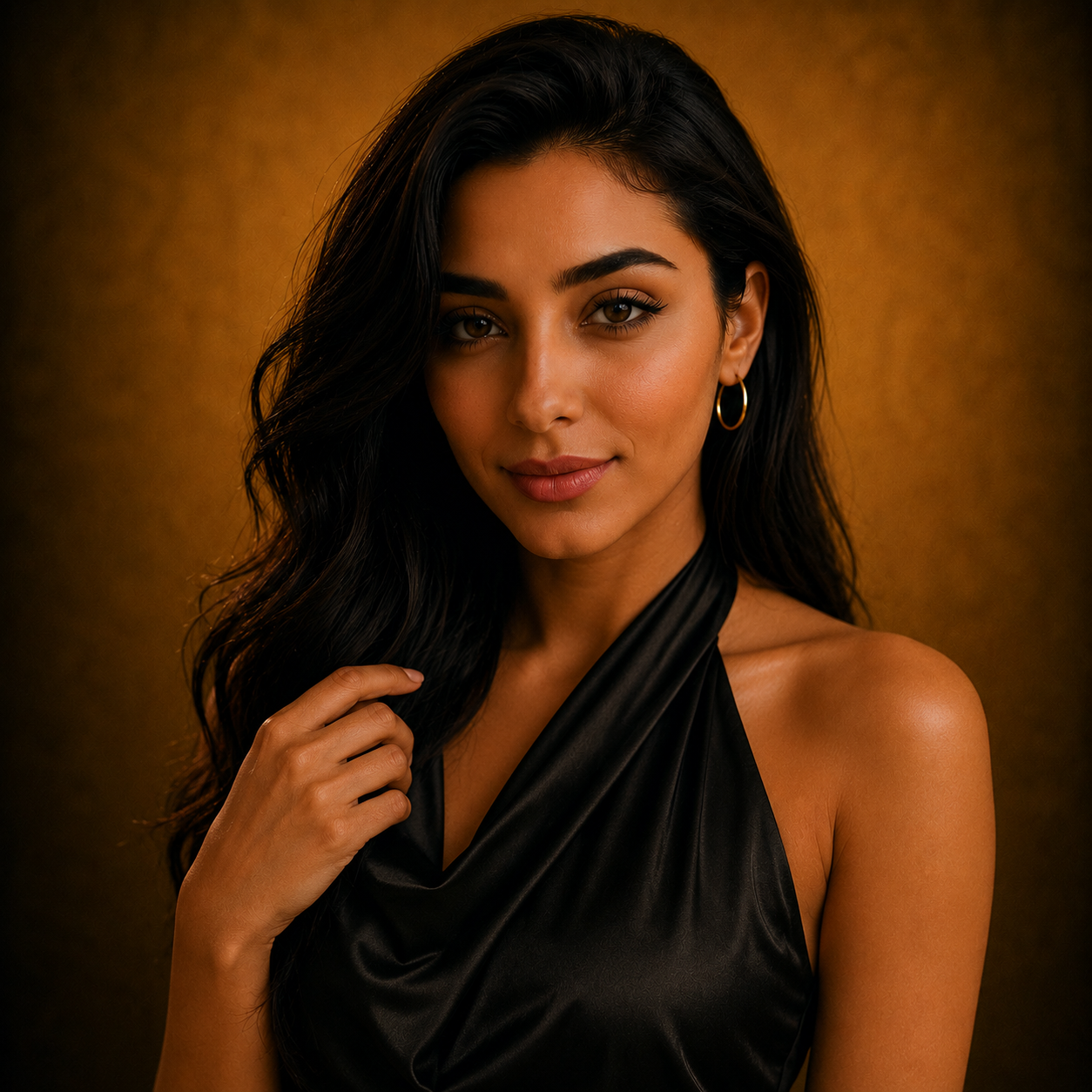 Samira Houdiri, with long dark hair posing against a gold-colored background, wearing a black one-shoulder dress and hoop earrings.