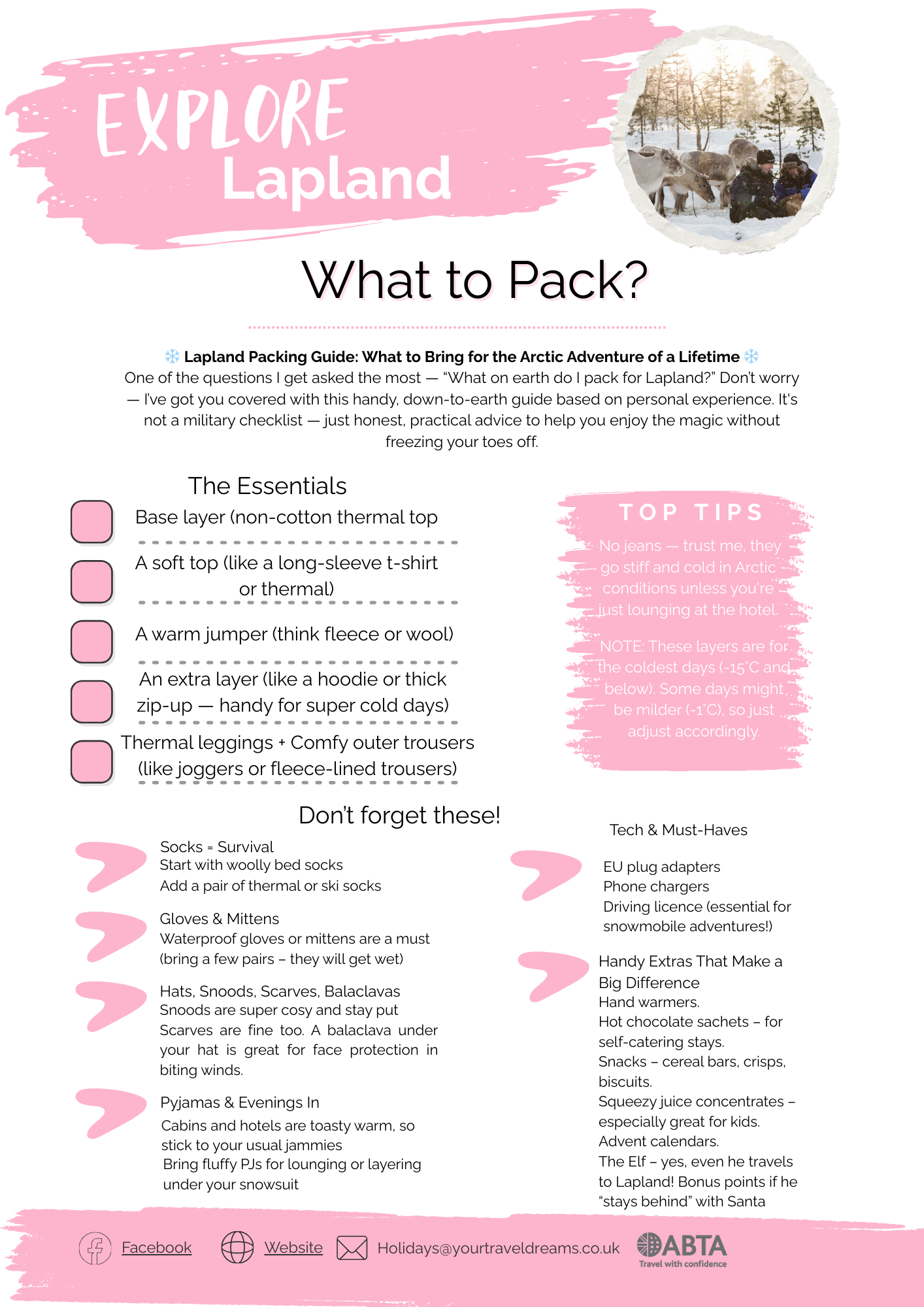 Guide titled 'Explore Lapland: What to Pack?' with tips for Arctic adventure, including essentials like thermal layers, socks, gloves, hats, pajamas, and tech gear, plus additional items such as warm snacks, hand warmers, and advent calendar. Features a photo of people in snow with reindeer in a snowy forest.