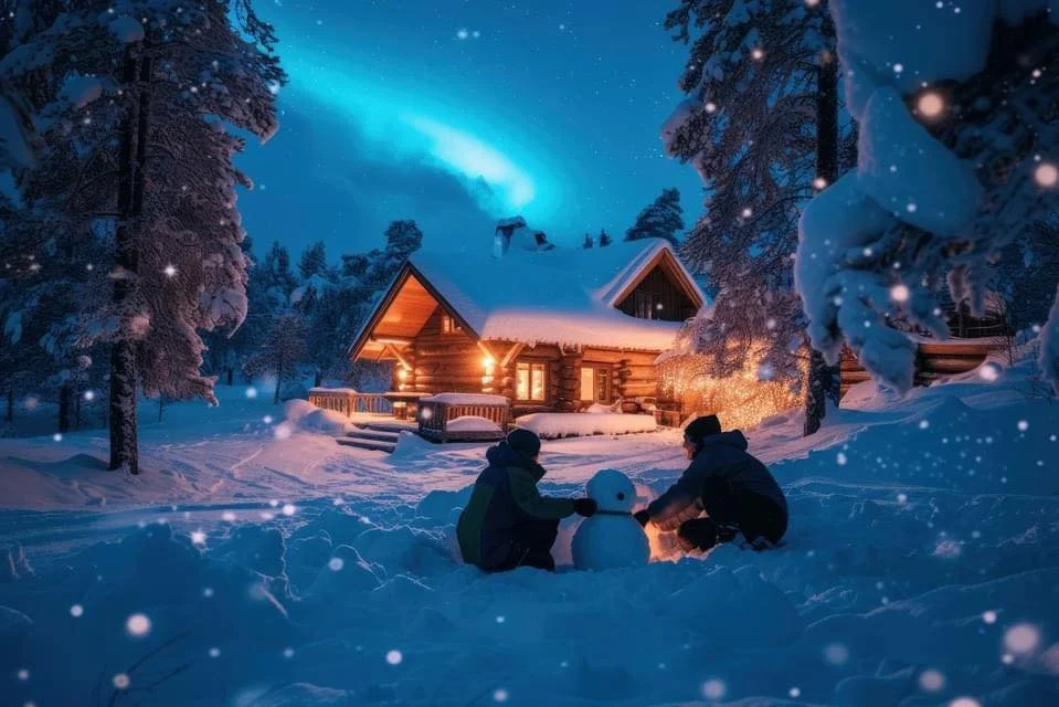 Two children building a snowman outside a warmly lit log cabin on a snowy winter night, with snow-covered trees and the northern lights in the sky.