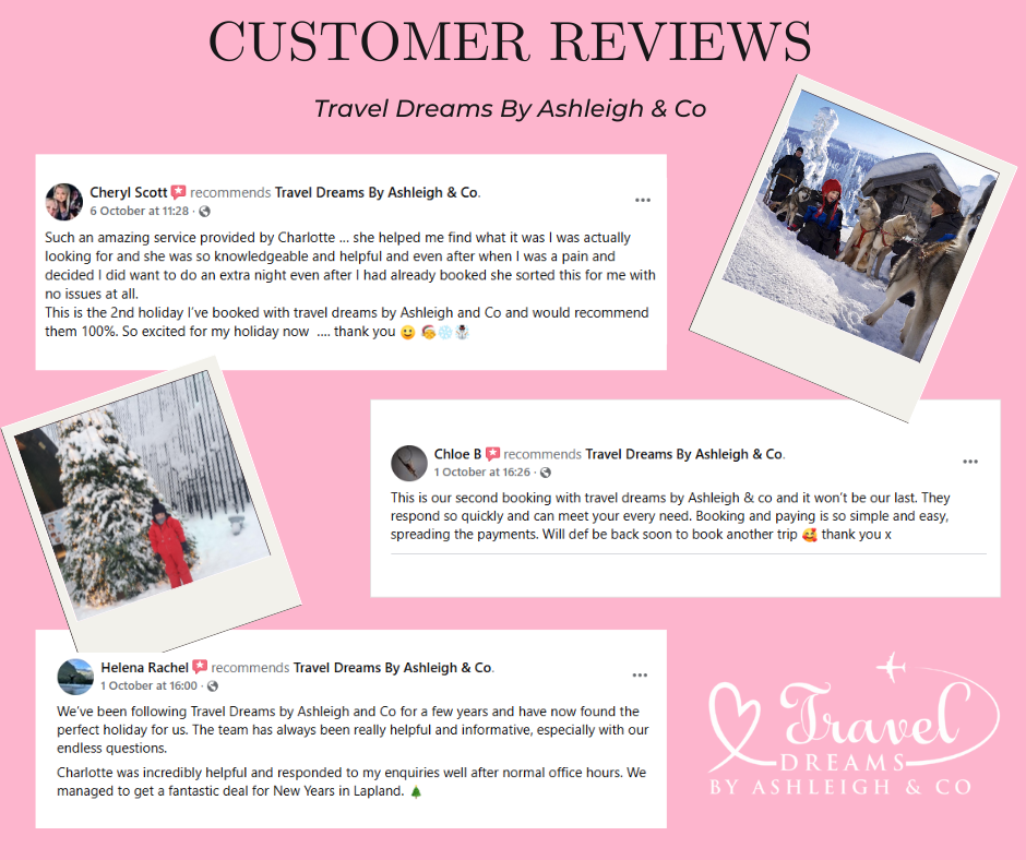 Collection of three customer reviews for Travel Dreams By Ashleigh & Co on a pink background with photos of snow and dogs, and a logo featuring hearts and an airplane.