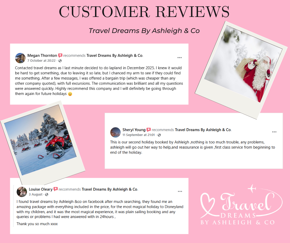 Pink background with black header text "Customer Reviews" and subtext "Travel Dreams By Ashleigh & Co."; three customer review text boxes, two Polaroid-style photographs of winter holiday scenes, one photo of Santa Claus. The reviews praise the company's holiday travel services for Christmas trips, with mentions of helpful service and memorable experiences.